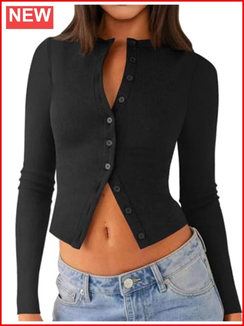 Womens Ribbed Long Sleeve Crop Cardigan Button Up Y2K Going Out Top